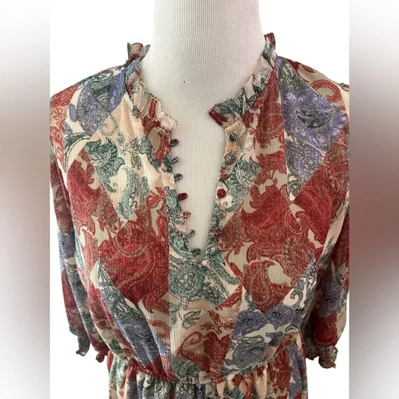 Jessica Simpson Red Cream Green Purple Paisley V-Neck Peasant Tunic - Picture 2 of 6
